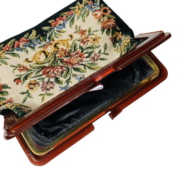 VTG 1950s Needlepoint Tapestry Clutch Floral Purse Tortoise Shell Frame Handbag - Picture 5 of 14